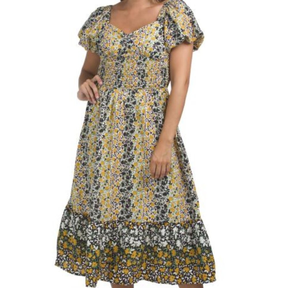 NWT - Us Together Puff Sleeve Floral Print Smocked Top Maxi Dress Size M